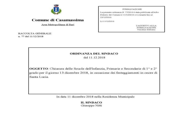 Casamassima: oggi, 13 dicembre, le scuole sono chiuse, ma ……